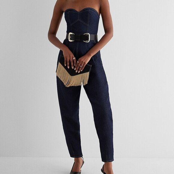 Express Denim Sweetheart Neck Pants Romper - Picture 3 of 3